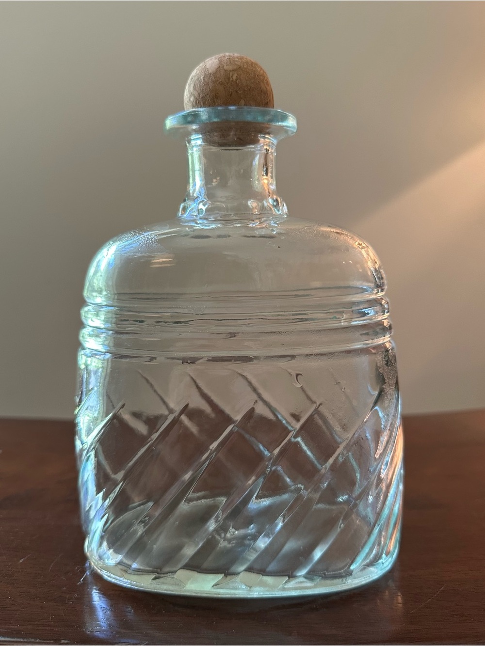 Vintage • Clear glass decanter with round cork stopper • heavyweight